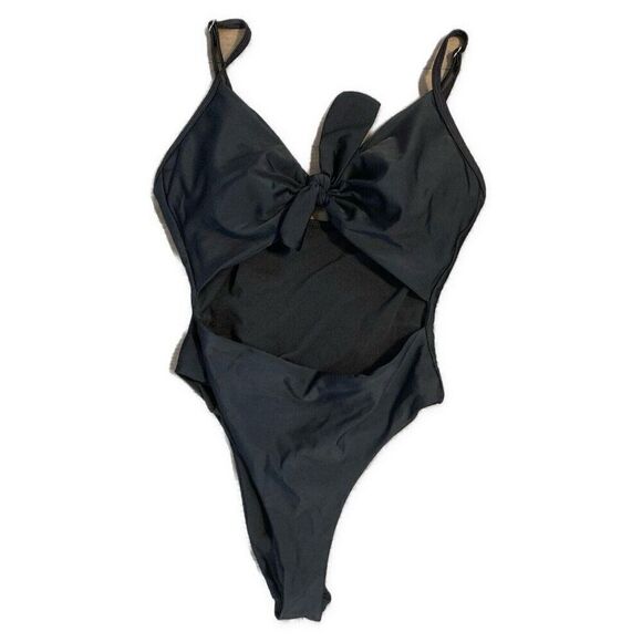 Womens Solid Black Bow Padded Open Stomach Belly Bathing suit One Piece Small - Picture 1 of 3
